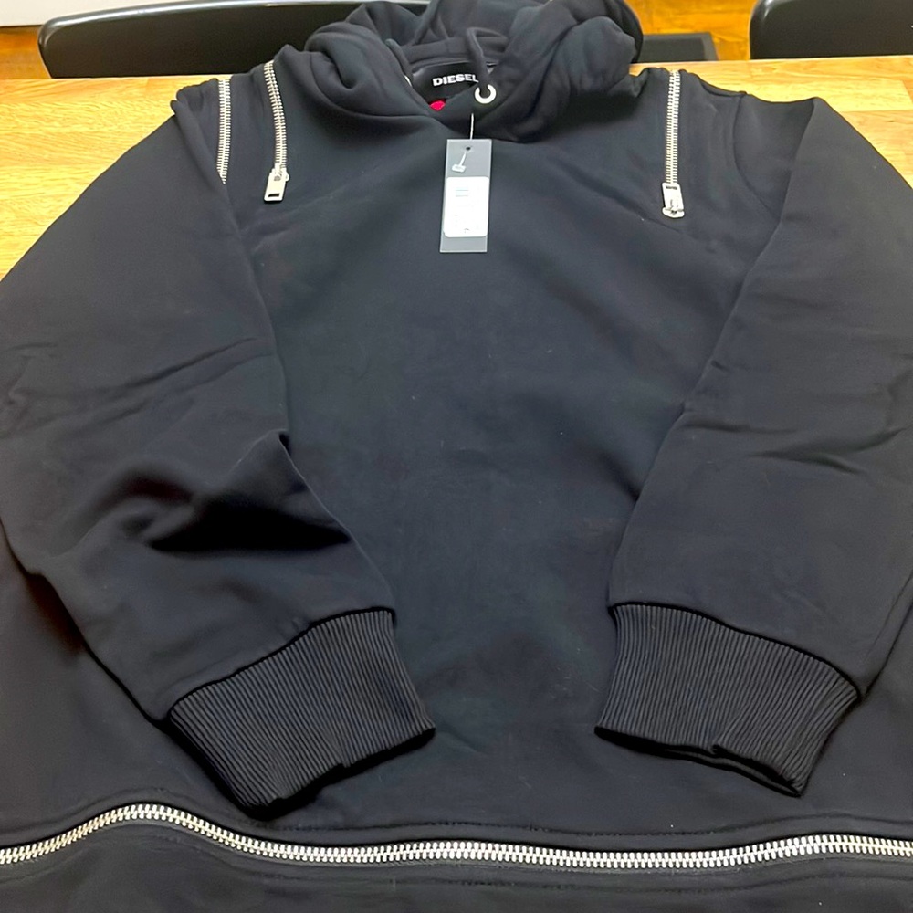 New Diesel Black Hoodie w/ zip chrome features